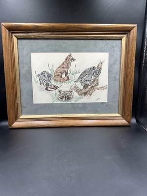Vintage Original Drawing Signed Owl Red Fox Raccoon Study Library OOAK Framed