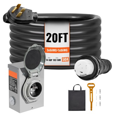 20FT 50 Amp Generator Cord and Power Inlet Box NEMA 14-50P/SS2-50R STW