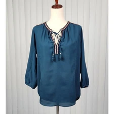 DR2 by Daniel Rainn Tassel Tie Peasant Top Split Neck 3/4 Sleeve Plus Size 1X