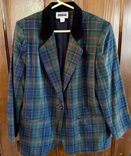 Vintage Sag Harbor Prophecy Women s Tartan Plaid Blazer Navy Green Medium 14