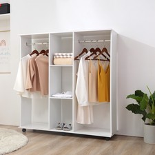 Mobile Open Wardrobe Storage Shelves w/6 Wheels Clothes Hanging Rail