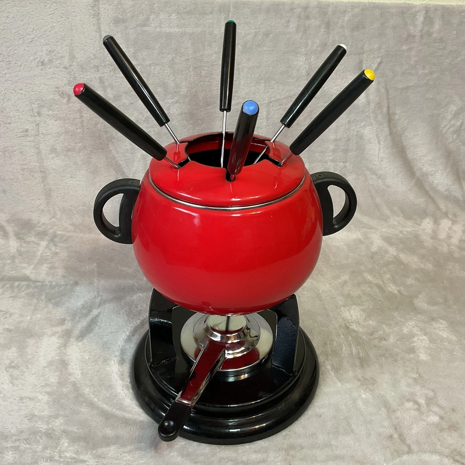 Vintage Fondue Set Red Enamel with Set of 6 Colored Forks Burner Notched Lid
Opens in a new window o