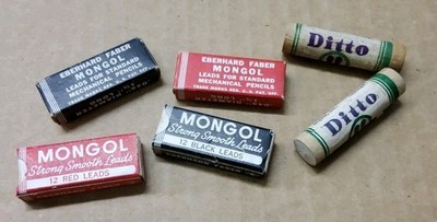 2 Red & 2 Blk Eberhard Faber Mongol Lead Boxes & 2 Ditto Purple Lead Boxes