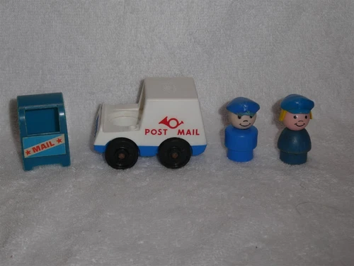 Fisher Price Little People Vintage Mail Post Office Lot Truck Girl Man Dad Box
