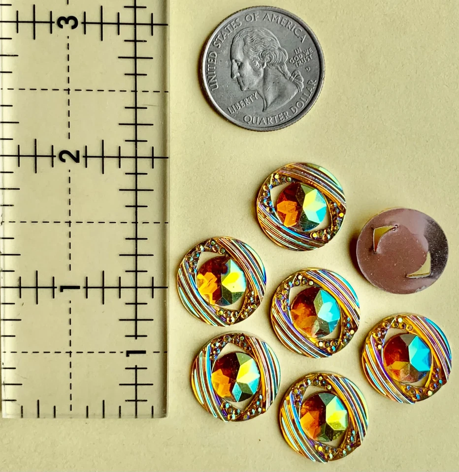 6pcs Yellow Round Iridescent Resin Rhinestone Cabochons Flat Back 18mm Foto 2 de 4