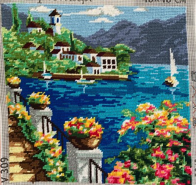 NEW! Completed Needlepoint 16x16 Corfu. Stitched and stored in box