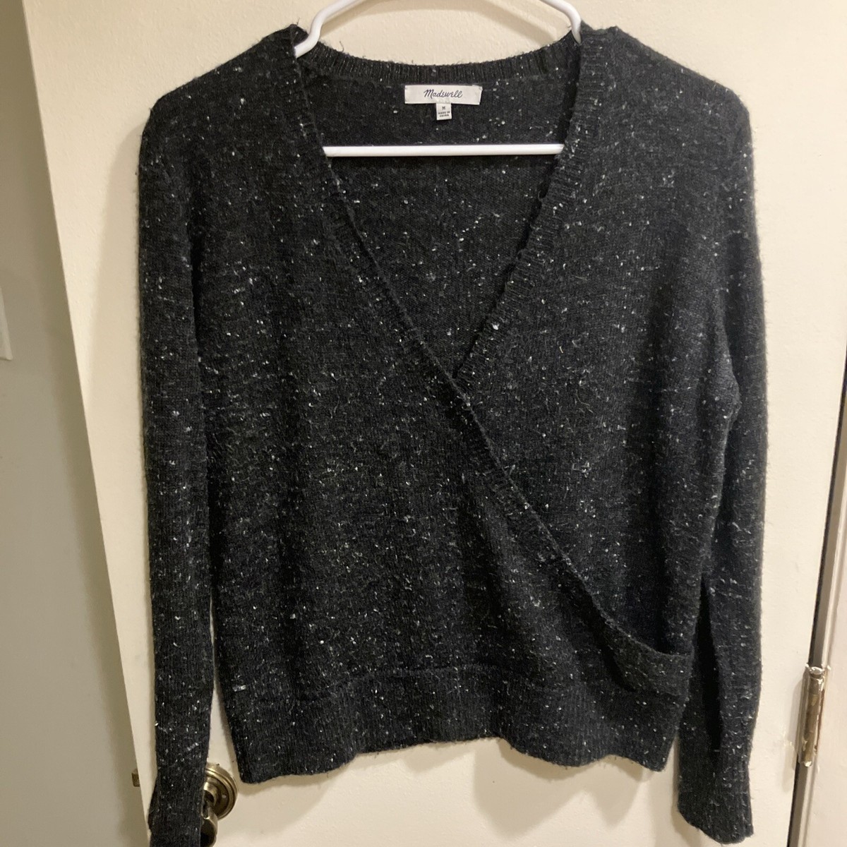 Madewell Wool Blend Black Plunge Donegal Wrap Sweater Size Medium