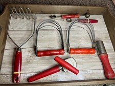 Vtg Lot 7 Kitchen Utensils Red Wood Handles Masher Pastry Opener Corer Baller