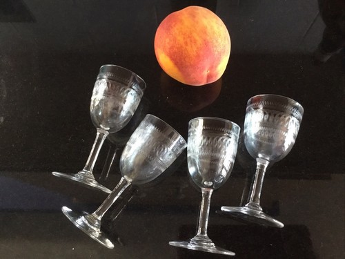 Lot Of Four Needle Etched Art Deco Cordial Port Glasses Fostoria?