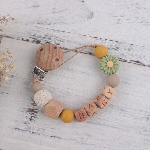 Neu Schnullerkette mit Namen Blume aus Silikon Natur Holz Junge&Mädchen Geschenk - Bild 9 von 16