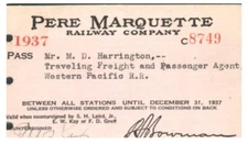PASS  Pere Marquette Railway Co.  1937 M.D. Harrington  Signed