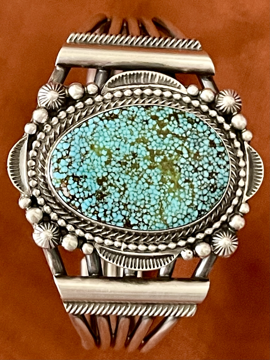 Sterling and Kingman turquoise cuff by Tom Lewis, Navajo