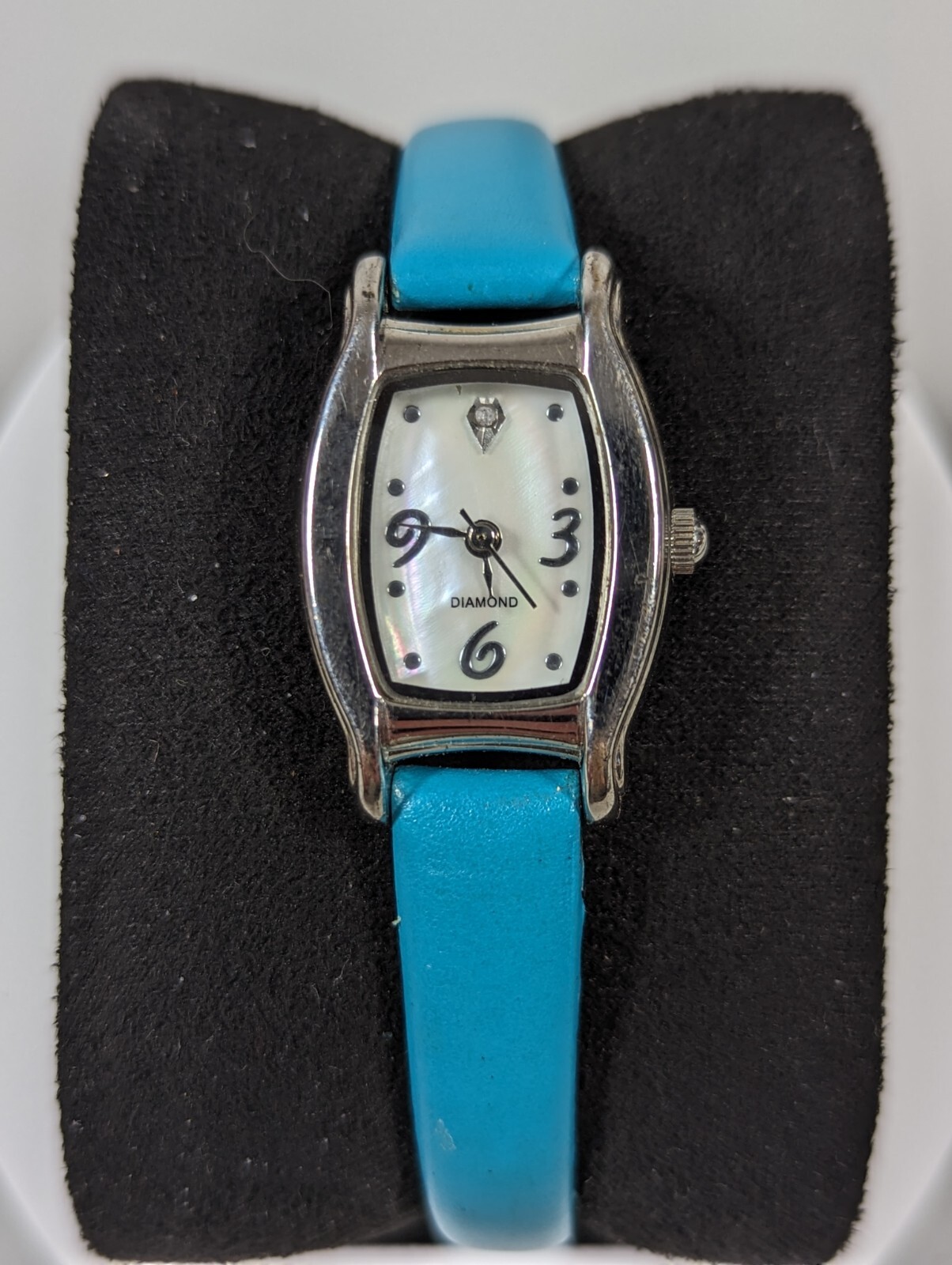 Pearlized Dial Silver Tone Rectangle Case Blue Le… - image 1