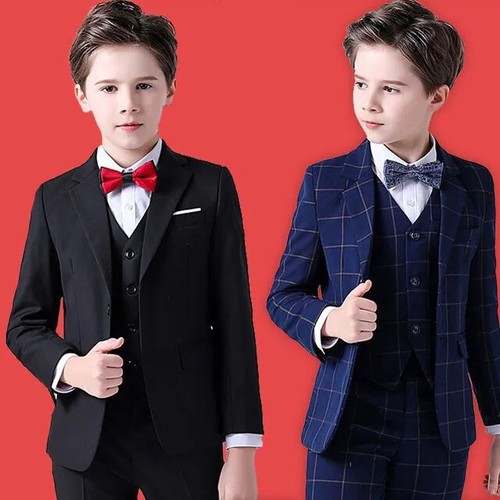 Kids Boys Plaid Formal Wedding Suit Bowtie Blazer Coat Pant Set Party Costume - Picture 2 of 22