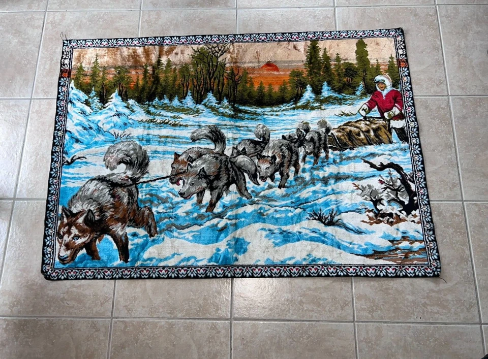 Tapiz colgante de pared grande vintage de Alaska trineo para perros Husky puesta de sol 54" x 38" W Foto 3 de 4
