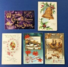 5 New Years Antique Postcards, Printed in Germany 1900s. EMB, Gold Trim. Nice 
