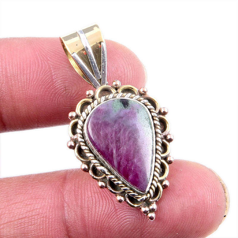 Ruby in Zoisite Lab-Created Gemstone Two-Tone Sterling Silver Pendant 1.5 Inch