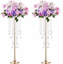 29.5In Elegant Tall Gold Wedding Centerpiece Stand, 2Pcs Metal Flower Candle Hol