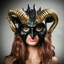 Halloween Party Demon Devil Satan GOLD Twisted Horns Masquerade Face Mask Black