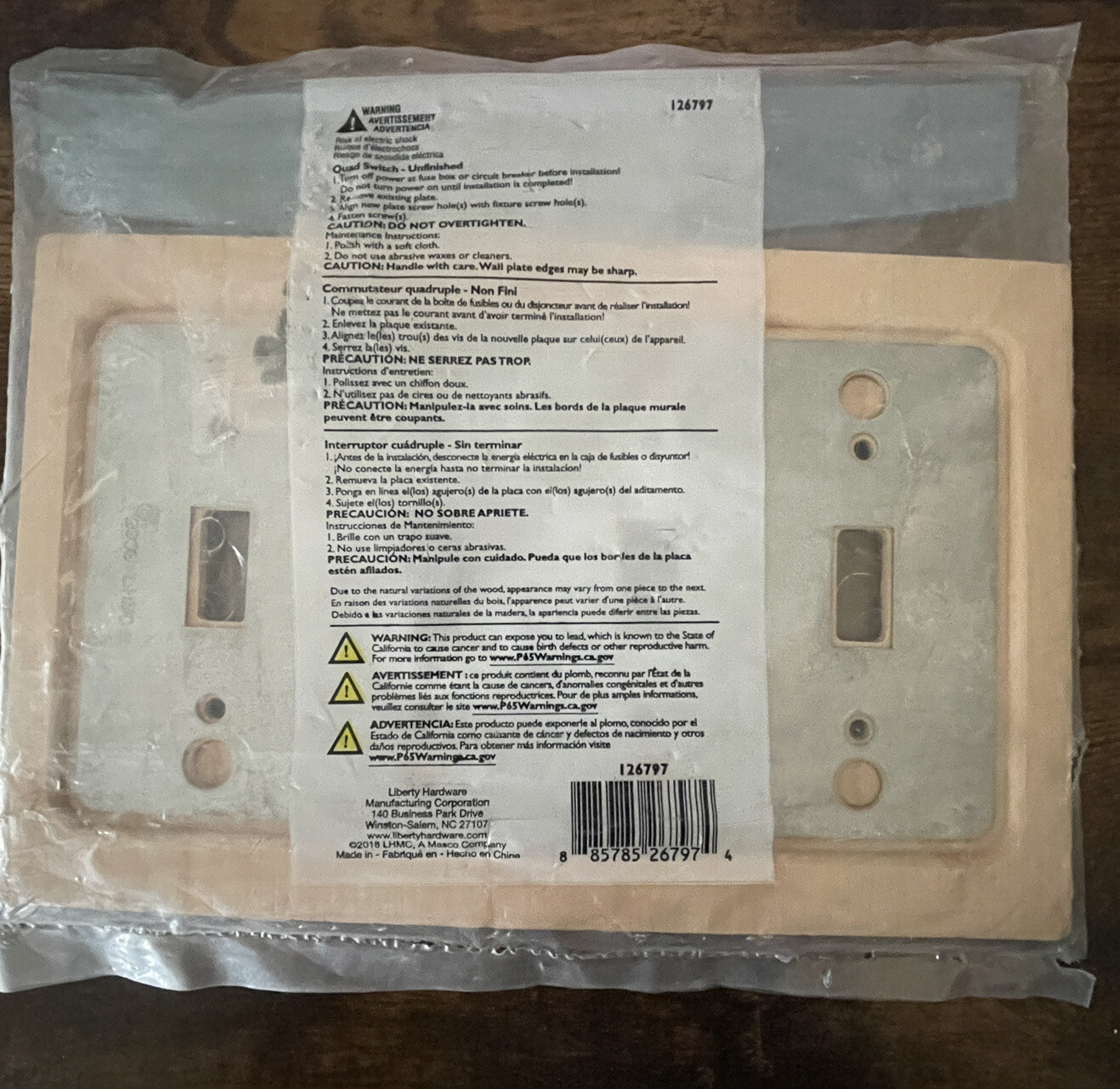126797 Unfinished Wood Quad Switch Cover Wall Plate