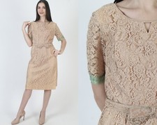 Vintage Belted 50s Dress Sheer Lace Illusion Deco Tea Length Pencil Skirt Pin Up