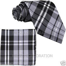 New Men's Vesuvio Napoli plaid checkered Neck Tie Necktie & Hankie set Gray