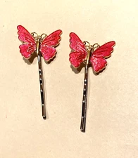  Bobby Pin set -BUTTERFLY  ACCENT- RHODIUM PLATE- BRIGHT PINK ENAMEL COLOR