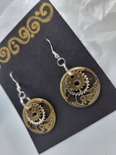 Steampunk Bronze Silver Gear Charm Earrings With Stainless Steel Hooks