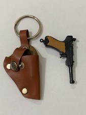 Vintage 1970s Die-Cast Luger P08 Keychain with Holster - Functional Trigger