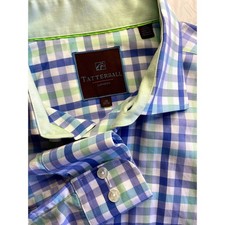 Tattersall London Mens Dress Shirt Blue Green Plaid Check Cotton Size 17 34/35