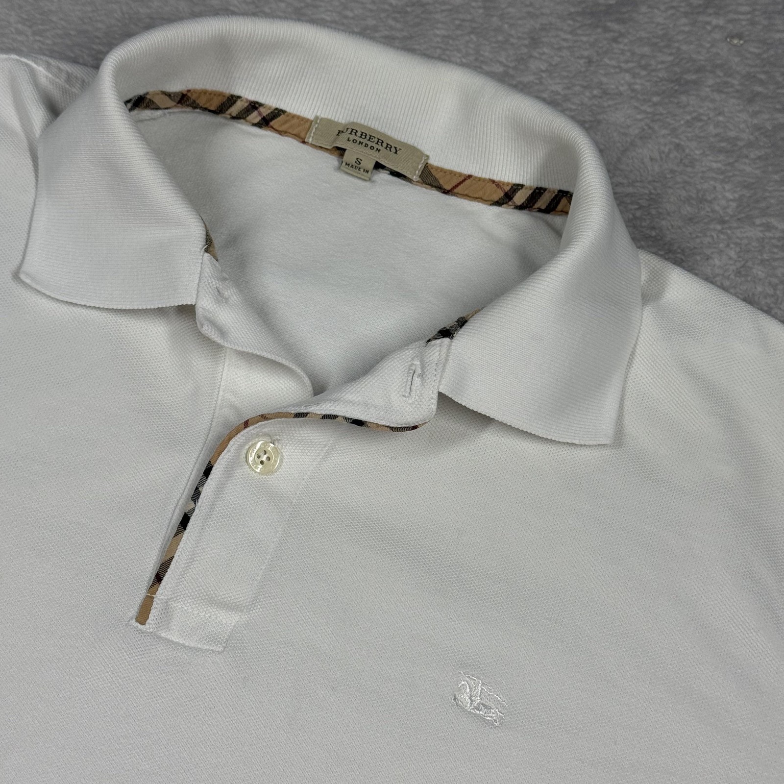 Burberry Mens Small White Polo Shirt with Nova Check Trim and Embroidered Logo-image