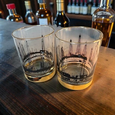 MCM 2 Oil Rig Field Derrick Low Ball Cocktail Glasses Black 22K Gold Trim Lotus 