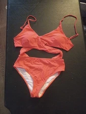Woman 1pc Bikini set Orange Strap  Crossbody Bathing Suit Swimsuit L Tie Back