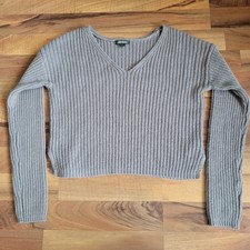 Wild Fable Gray Ribbed V-Neck Knit Pullover Sweater Women s Long Sleeve Size S
