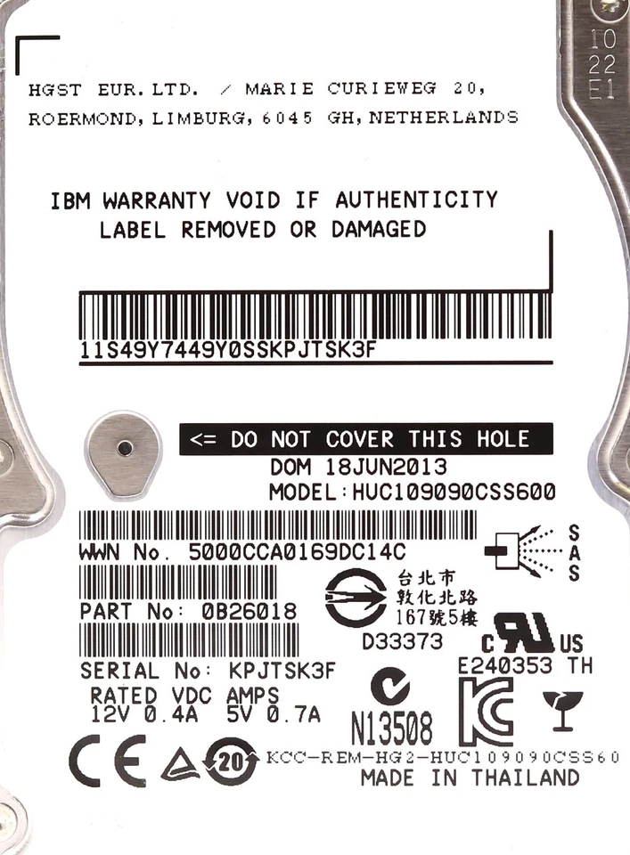 HGST HUC109090CSS600 900GB 2.5" 6Gb/s 10K RPM SAS Drive P/N: 0B26018 Tested - Image 2 of 2