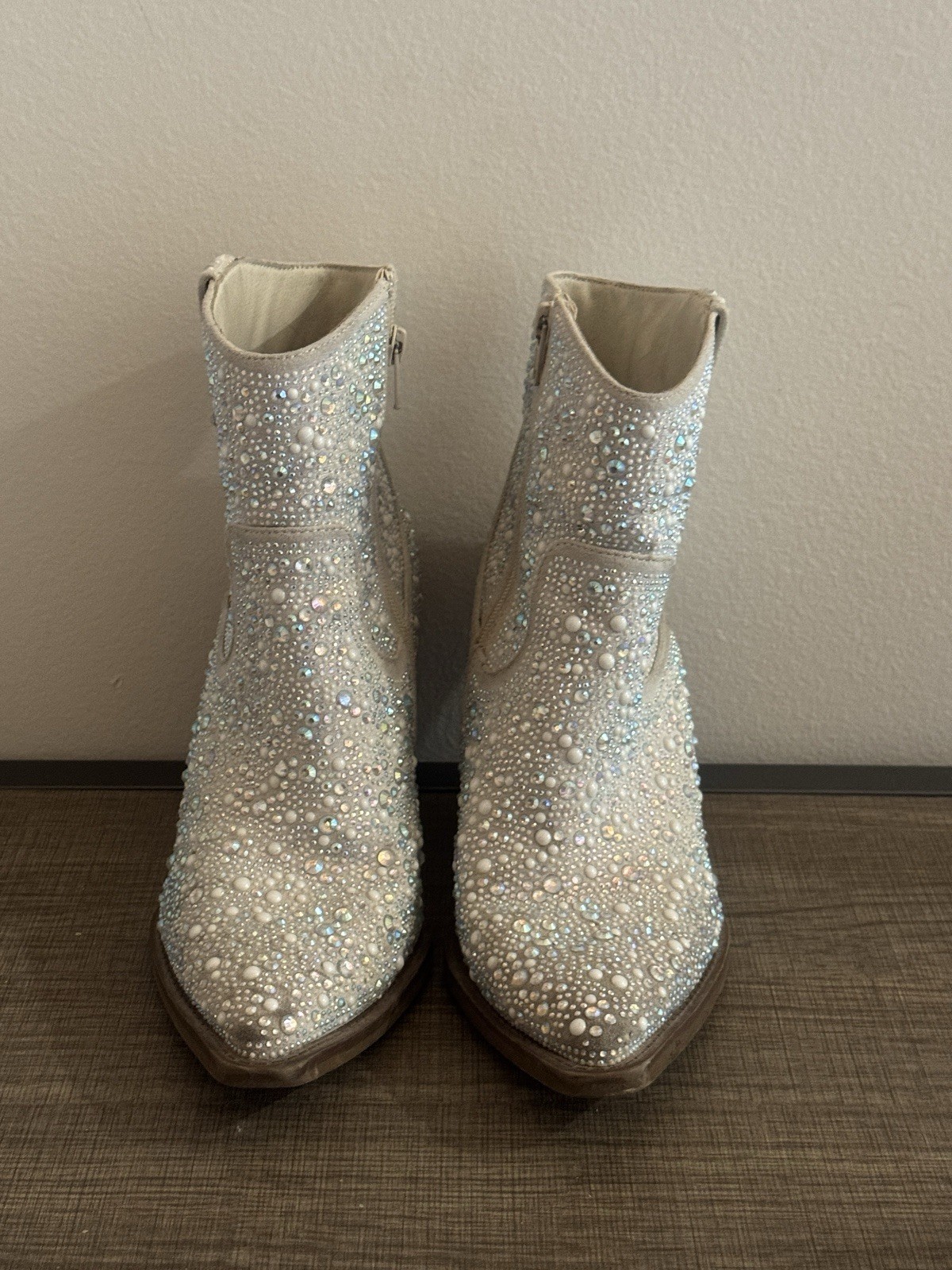 Rhinestone Western Ankle Boots White Pointed Toe Block Heel Zip Closure Women