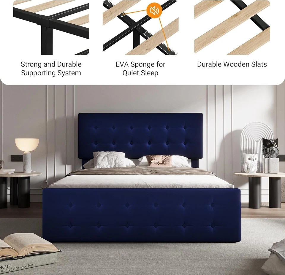 Marco de cama tapizado tamaño queen con 4 cajones y cabecero ajustable, azul Foto 4 de 4