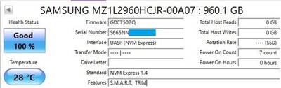 Samsung 100% Health / 0 Power-On Hours 960HCJR-00A07 PM9A3 960GB PCIE Gen4x4 M.2