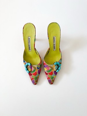 Manolo Blahnik Crystal Green Patterned Mules