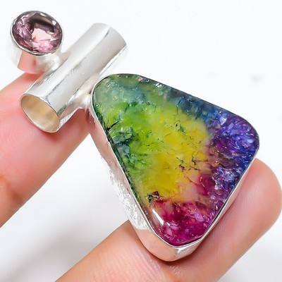 Rainbow Sollar Qartz Gemstone 925 Sterling Silver Jewelry Pendant Sz 1.9''