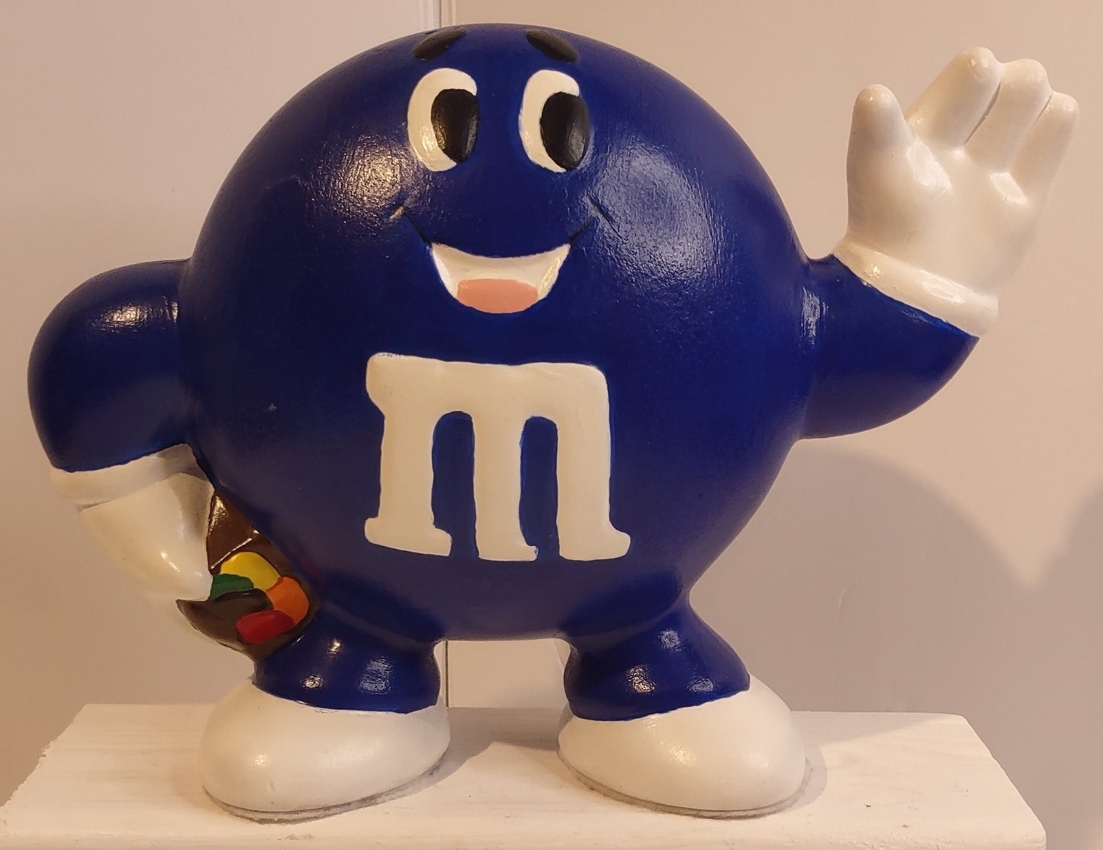 Vintage Handmade Ceramic Blue M&M's Coin Bank with Stopper 7.5 Inch Tall