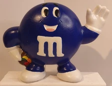 Vintage Handmade Ceramic Blue M&M's Coin Bank with Stopper 7.5 Inch Tall