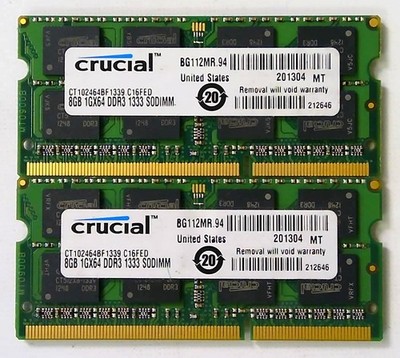 Lot of 2 Crucial 8GB DDR3-1333 SODIMM Laptop RAM