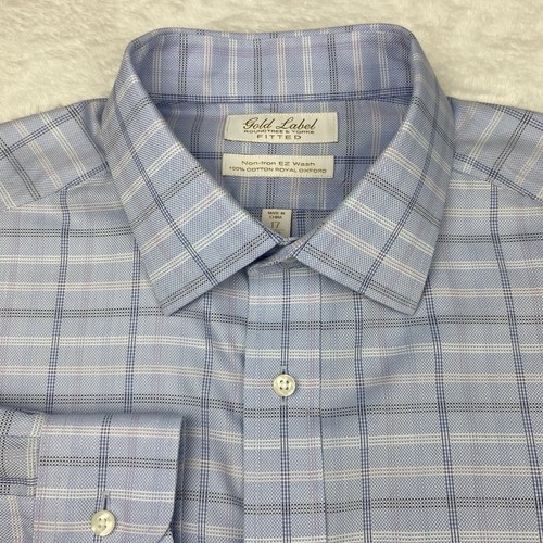 Roundtree & Yorke Gold Label Shirt Mens 17-33 Blue/White Checks Fitted Non Iron - Picture 2 of 10