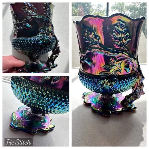 Vtg Mosser Glass  Acorn Pattern  Spooner Amethyst Carnival Glass Iridescent Twig