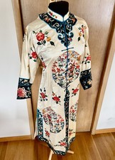 Vintage Chinese Silk Robe Coat Ivory Embroidered Floral Asian Deco Long Jacket