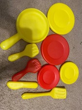 vintage kids play dishes thick plastic toddler toy sturdy 80s 90s red yellow