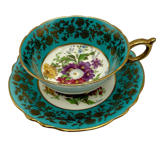 Paragon Double Warrant Teacup Saucer Teal Blue Flowers Gold Gilde Trim England - Afbeelding 1 van 9