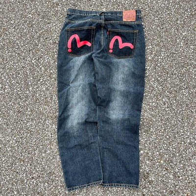 Rare Y2K Evisu Baggy Jeans Lot 2001 Red Seagull Logo Streetwear Denim Sz 36x34