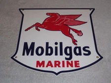 VINTAGE MOBIL MOBILGAS MARINE +PEGASUS 11 3/4" PORCELAIN METAL GASOLINE OIL SIGN